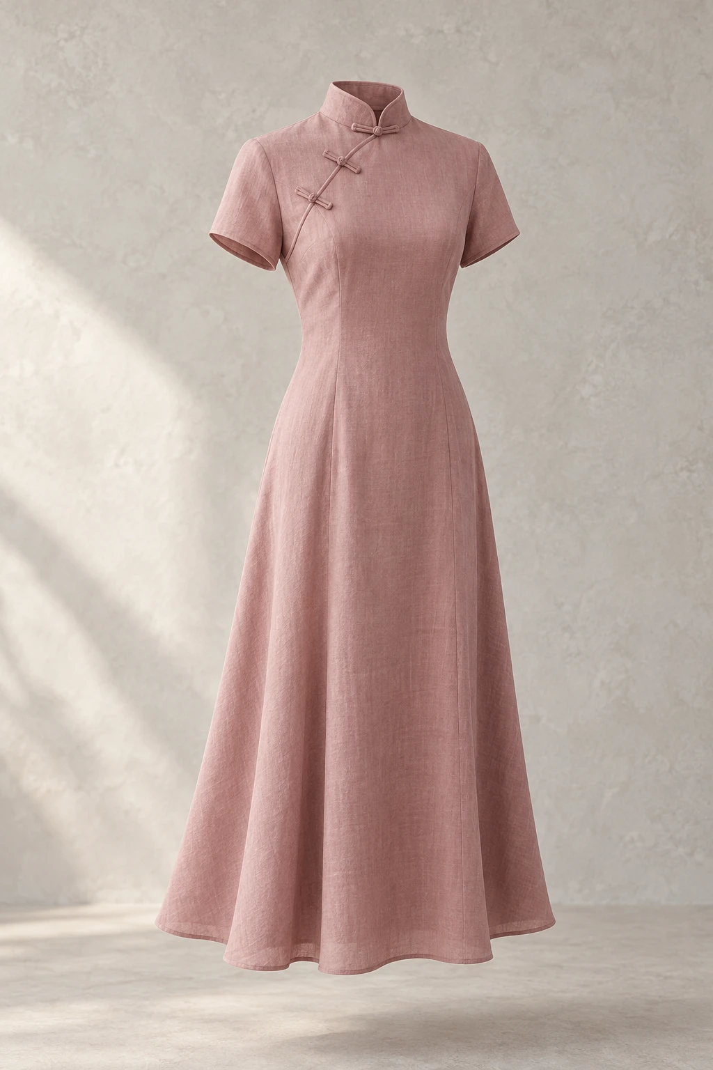 Dusty Rose Rose Mist Midi Qipao, short sleeves, a-line silhouette