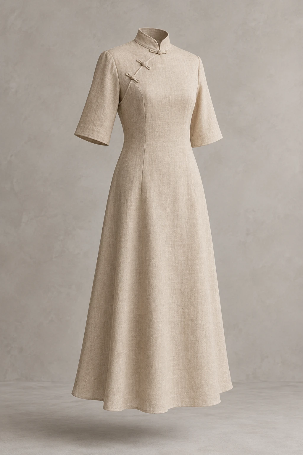 Sand Sand Courtyard Midi Qipao, elbow sleeves, a-line silhouette